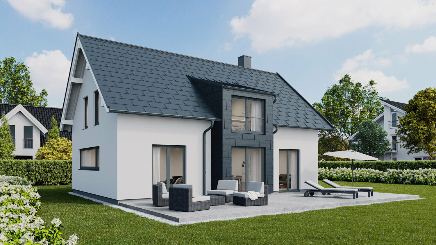 Einfamilienhaus mit Satteldach mit PREFA Dachplatten R.16 und Fassadenpaneelen FX.12 in P.10 Anthrazit 