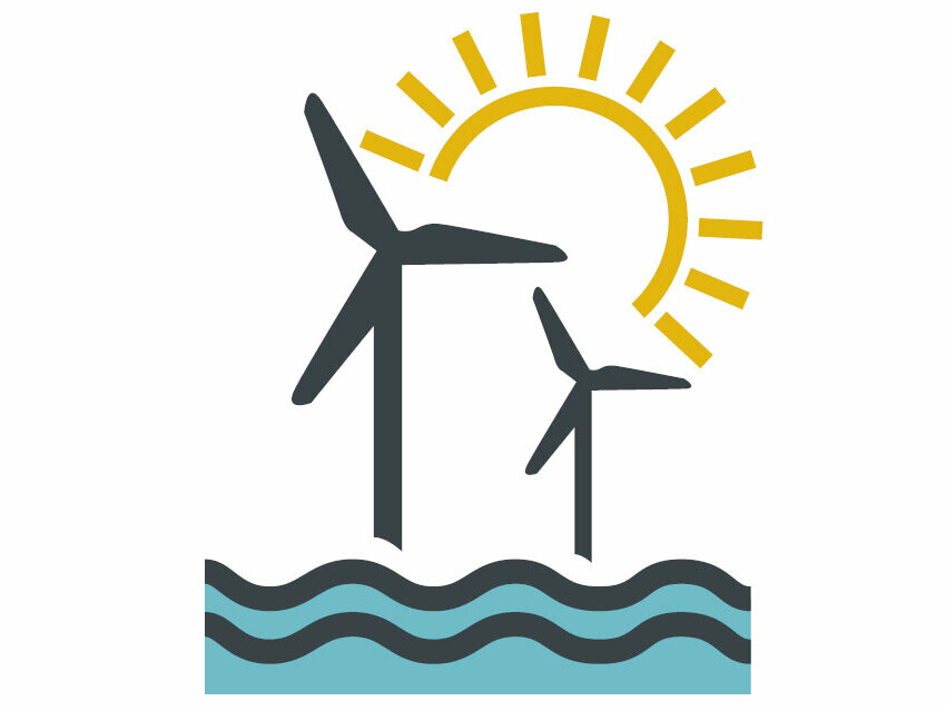 Gestileerde afbeelding met windmolens, zon en water als weergave van groene stroom