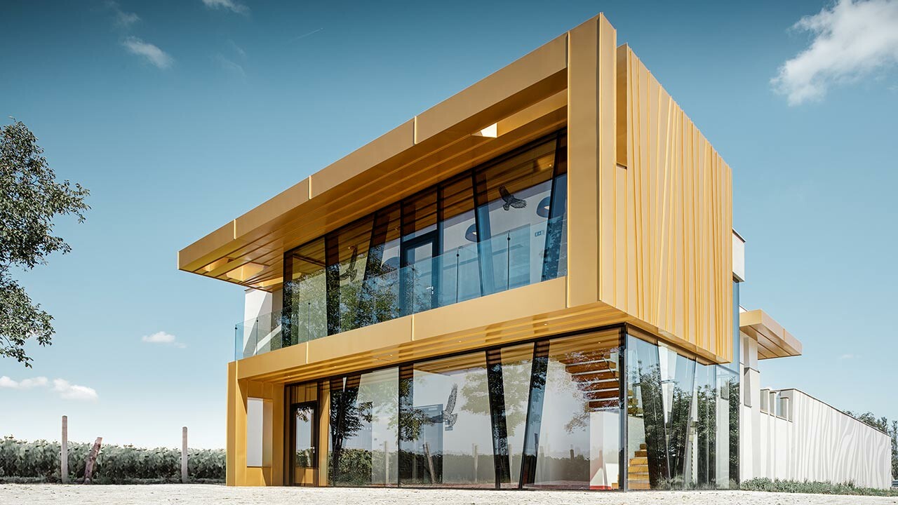 Neu gebautes Weingut Rúbaň mit großen Glasflächen und einer Aluminiumfassade in mayagold