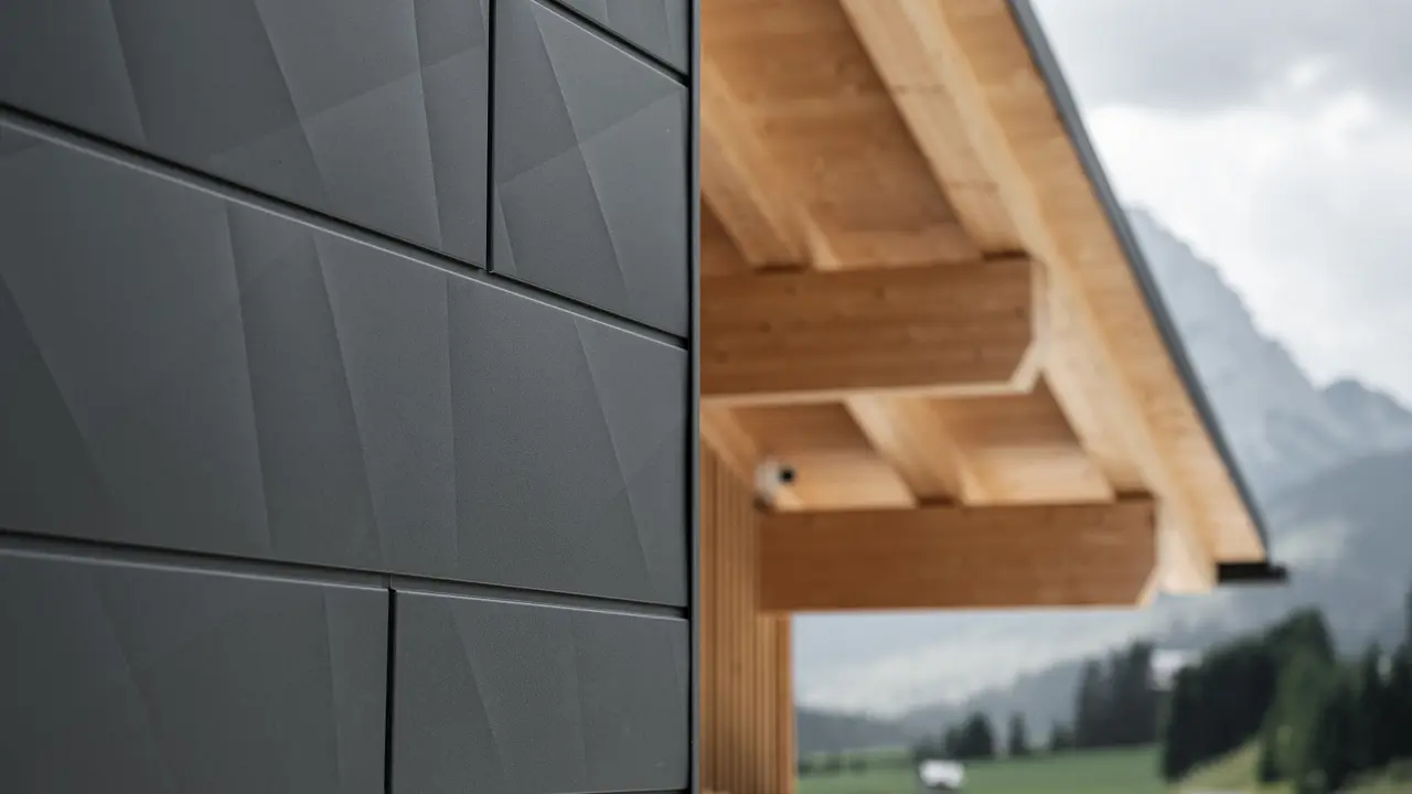 Detailfoto van de Siding.X gevelpanelen in P.10 zwart van PREFA aan Casa Hoffe in Sappada, Italië. Het gevelsysteem van aluminium is vakkundig aangebracht in een modern, abstract design, dat een aantrekkelijk contract vormt met de zichtbare houten elementen van de dakconstructie. De innovatieve geveloplossing past perfect in de alpiene omgeving en staat symbool voor de verbinding van functionaliteit, bestendigheid en esthetische bouwcultuur.