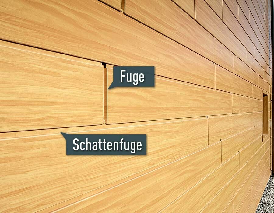 Darstellung der Sidings in Holz hell (Holzoptik) mit der PREFA Fuge und der Schattenfuge.