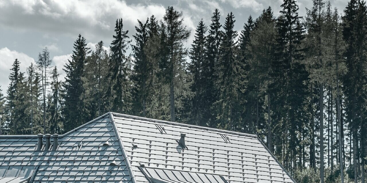 Vue de derrière de la maison individuelle construite à flanc de coteau ; la toiture a été recouverte de bardeaux de toiture en alu couleur gris pierre, les lucarnes rampantes avec couverture à joints debout, également en gris pierre. On peut voir une forêt en arrière plan.