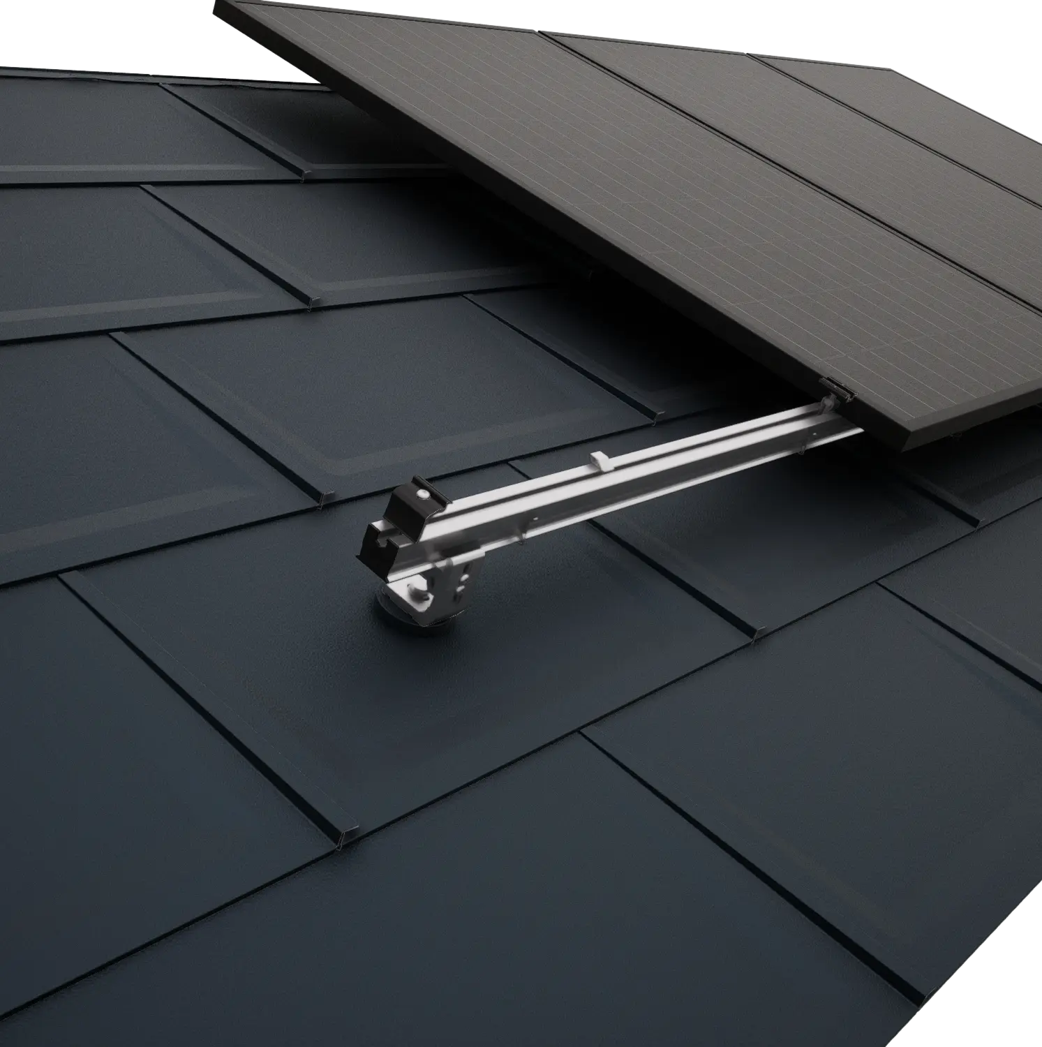 Close-up van een PREFA-dak met PV-modules, die met het PREVARIO-montagesysteem voor zonnepanelen zijn bevestigd.