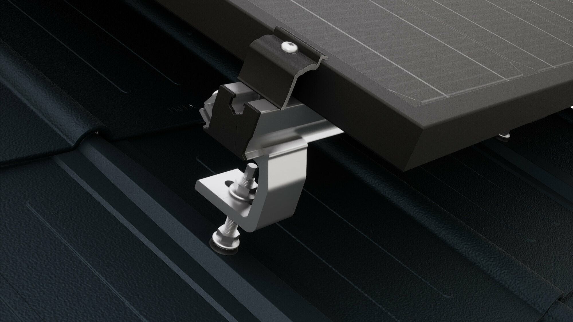 Close-up van de PREVARIO Sunny Speciaal zonnepaneelhouder, gemonteerd op de PREFA dakpan, die het railprofiel draagt. Het solarmodule is met de PREVARIO eindklem op het railprofiel bevestigd.