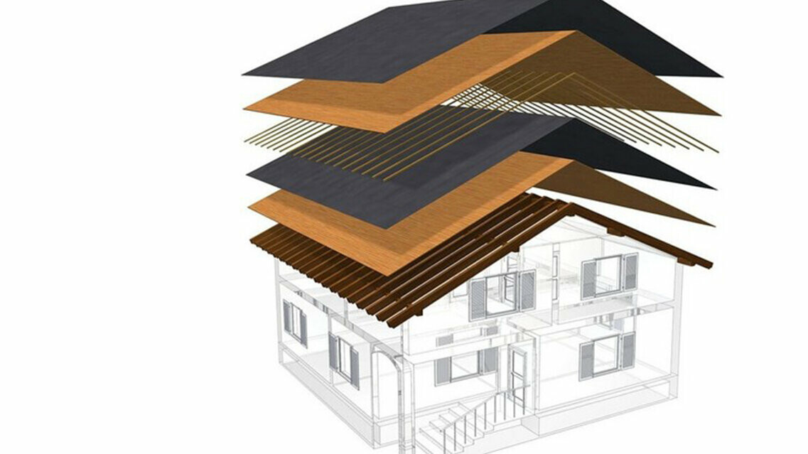 Technische Darstellung eines Dachaufbaus eines Kaltdaches, mehrschaliger Dachaufbau mit Lattung, Vollschalung, Trennlage, Dachstuhl; Dachboden kann als Wohnraum genutzt werden; zweischaliger Dachaufbau, belüftete Dachkonstruktion; Konterlattung