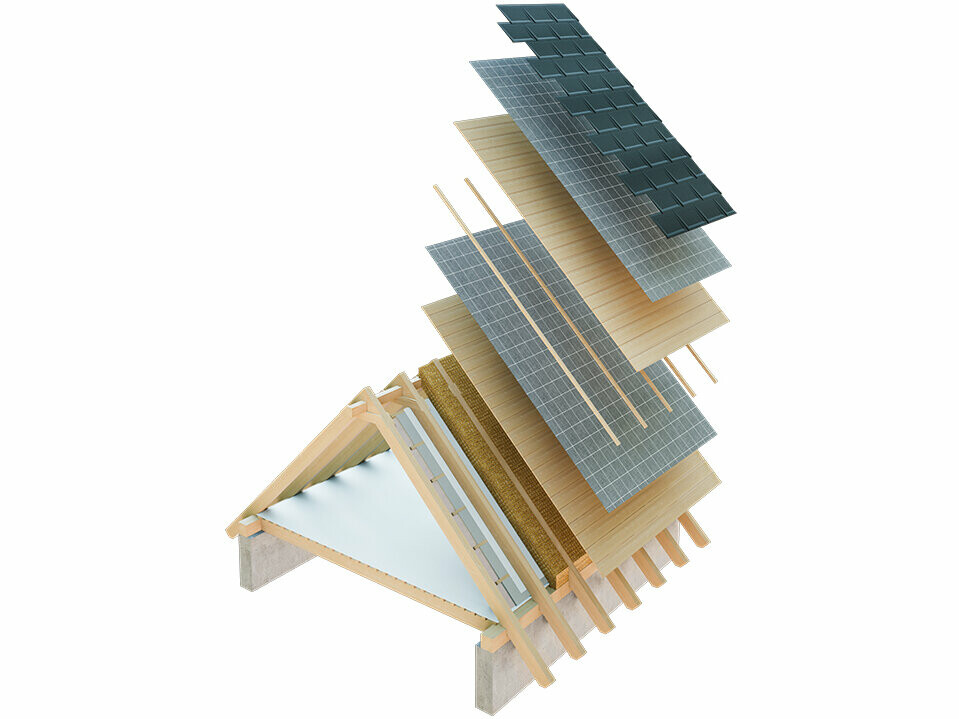 Technische weergave van de constructie van een koud dak, een meerlaagse dakconstructie met latwerk, volledig dakbeschot, scheidingslaag, dakspanten; de zolder kan als woonruimte worden gebruikt; dubbellaagse dakconstructie, geventileerde dakconstructie; contralatten