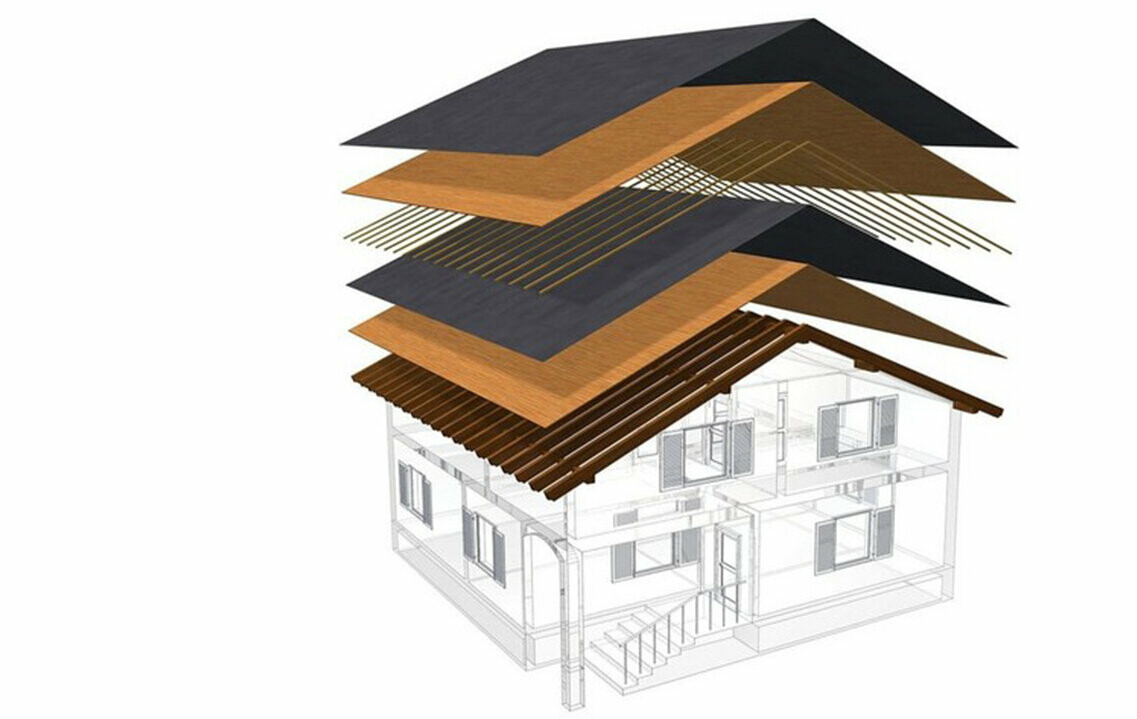 Présentation technique de la construction d’une toiture froide, construction de toit à peaux multiples avec lattage, voligeage intégral, couche de séparation, charpente ; combles pouvant servir d’espace d’habitation ; construction d’un toit double peau, construction de toit ventilée ; contre-lattage