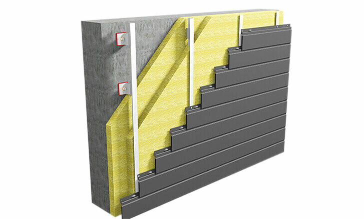 Structure de montage mural avec Sidings PREFA (posés horizontalement) sur sous-construction en aluminium