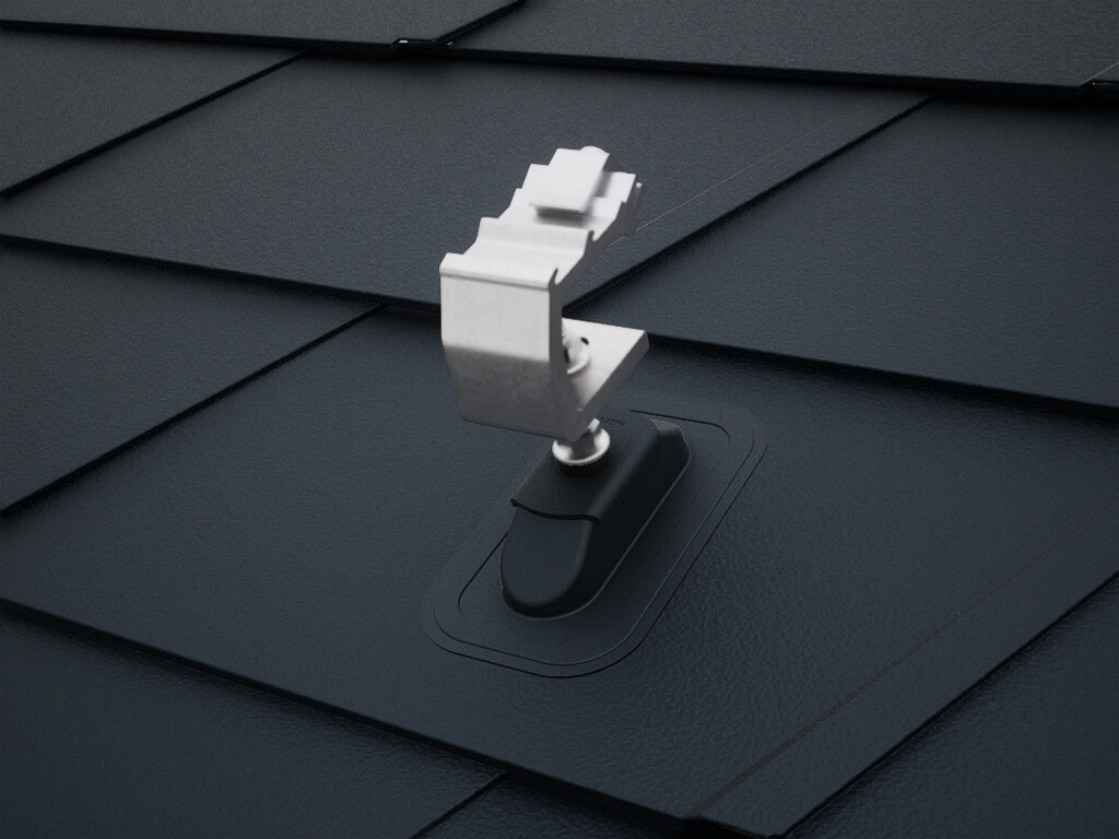 Vue détaillée du support solaire PREVARIO Sunny, monté sur une toiture PREFA sombre avec des bardeaux DS.19.