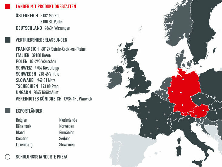 Legende: Die Europakarte zeigt die PREFA Produktionsstätten, Ländern, Vertriebsniederlassungen und Schulungszentren