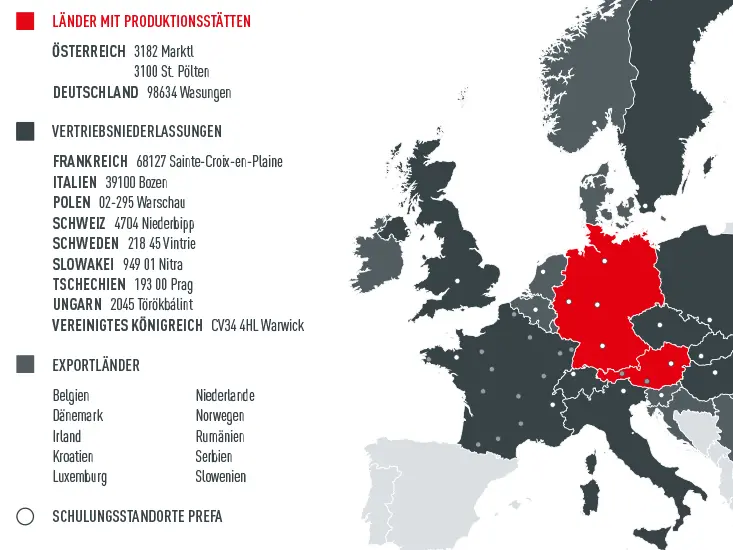 Legende: Die Europakarte zeigt die PREFA Produktionsstätten, Ländern, Vertriebsniederlassungen und Schulungszentren