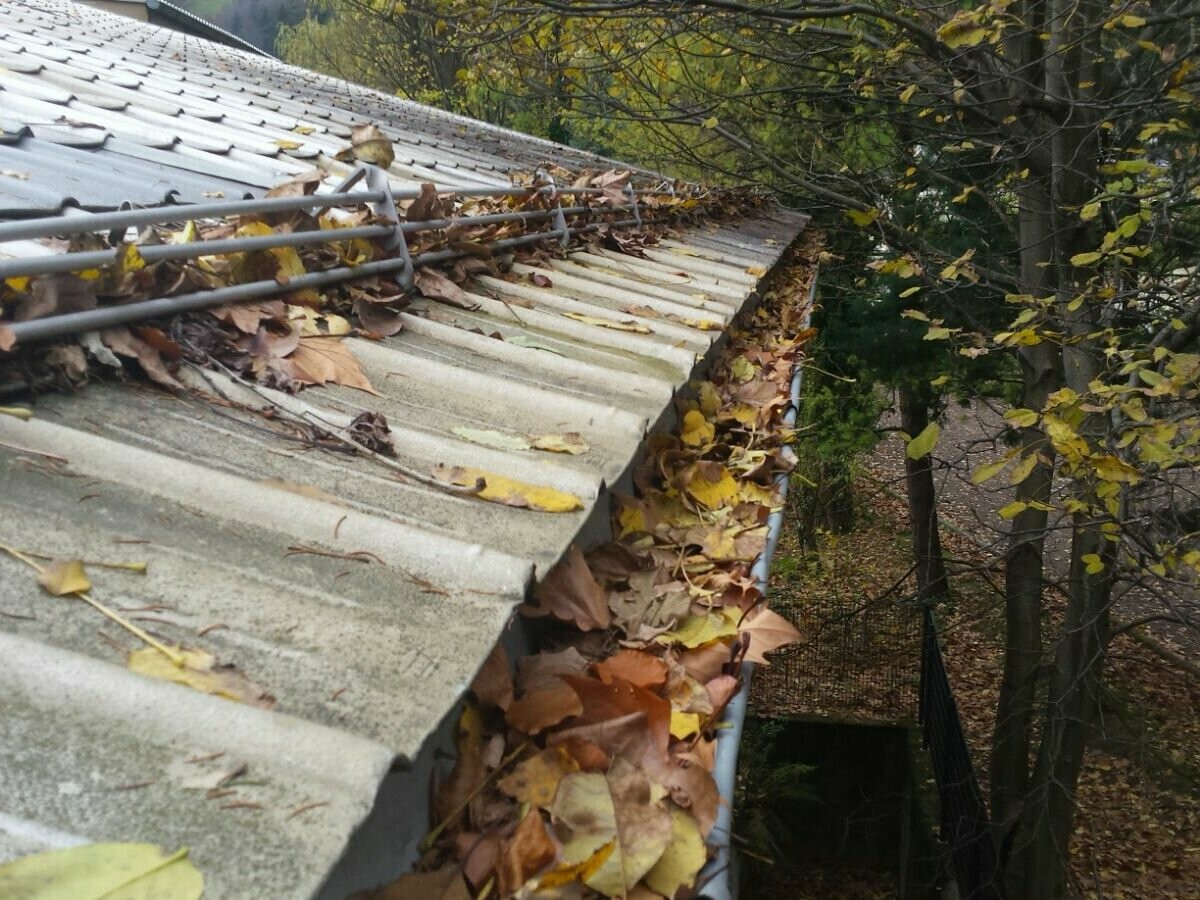 Dakgoot met veel herfstbladeren, verstopte goten reinigen