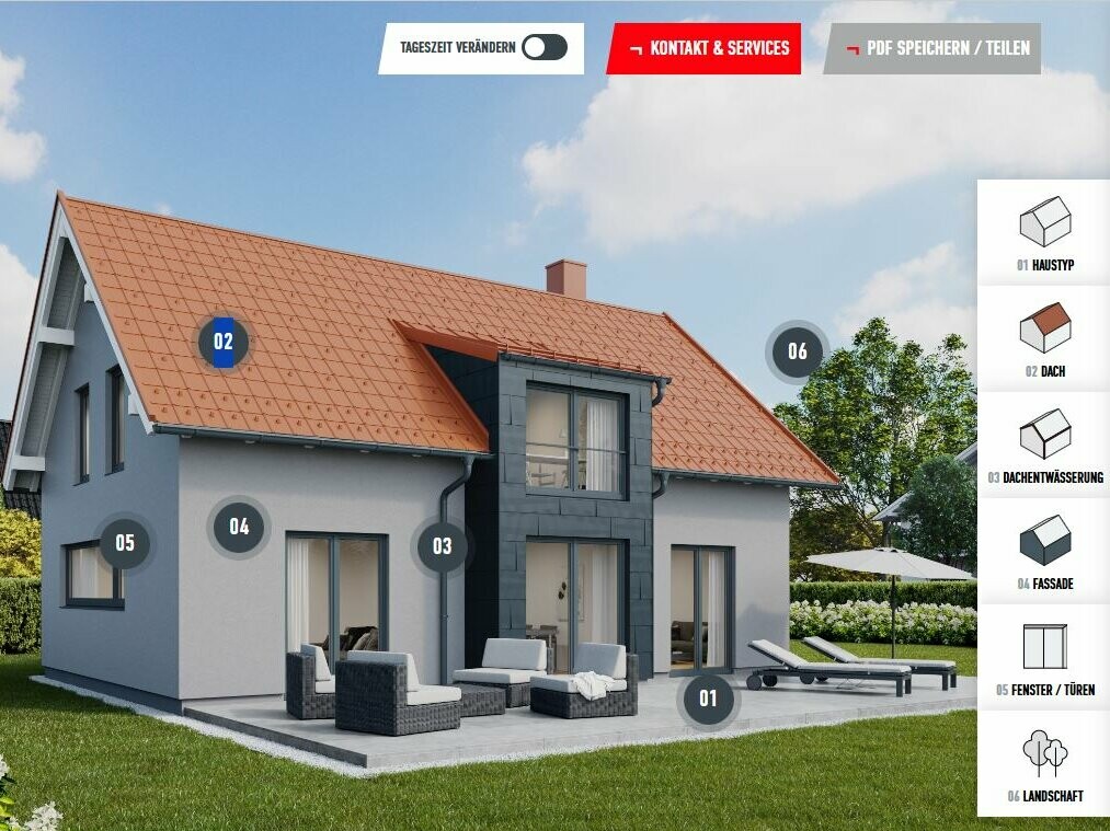 Gevelconfigurator voor gevelrenovatie: interactief aanzicht met selecteerbare gevel-, dak- en vensteropties voor de individuele ontwerp- en planningsfase van de nieuwe gevel.