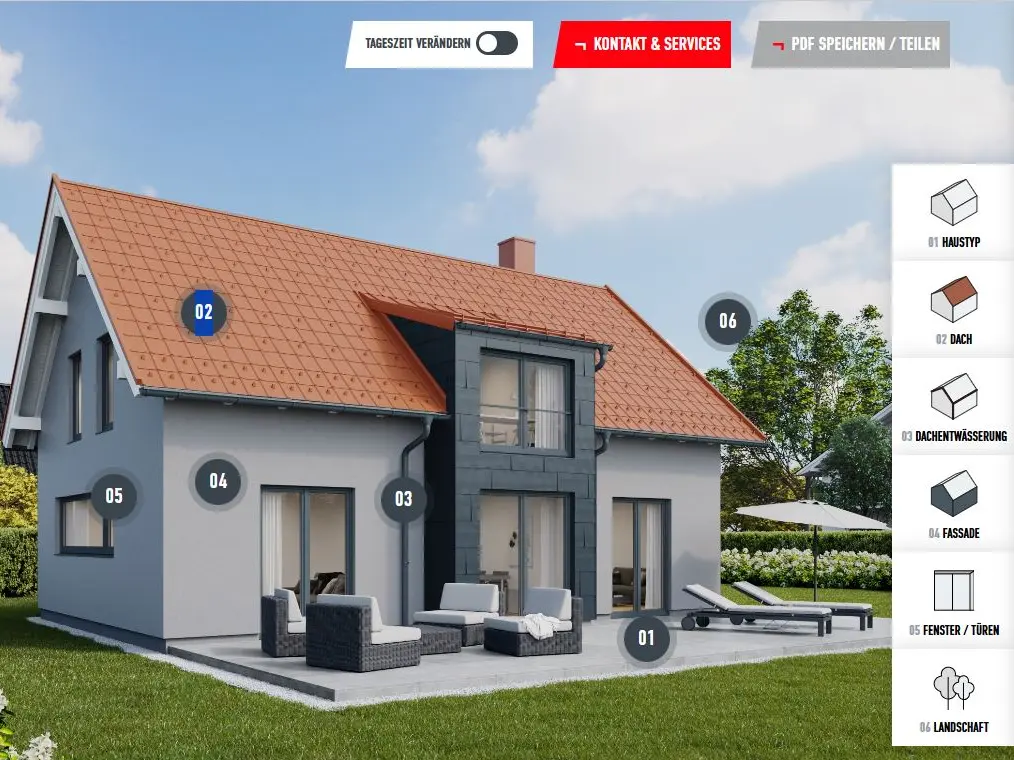 Configurateur pour la rénovation de façades : Vue interactive de la maison avec options de façades, toitures et fenêtres pouvant être sélectionnées, pour la conception et l'étude personnalisée de la nouvelle façade.