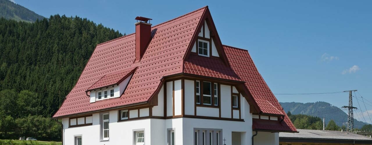 Zweifamilienhaus in ländlicher Lage mit Dachplatten von PREFA in der Farbe P.10 Oxydrot