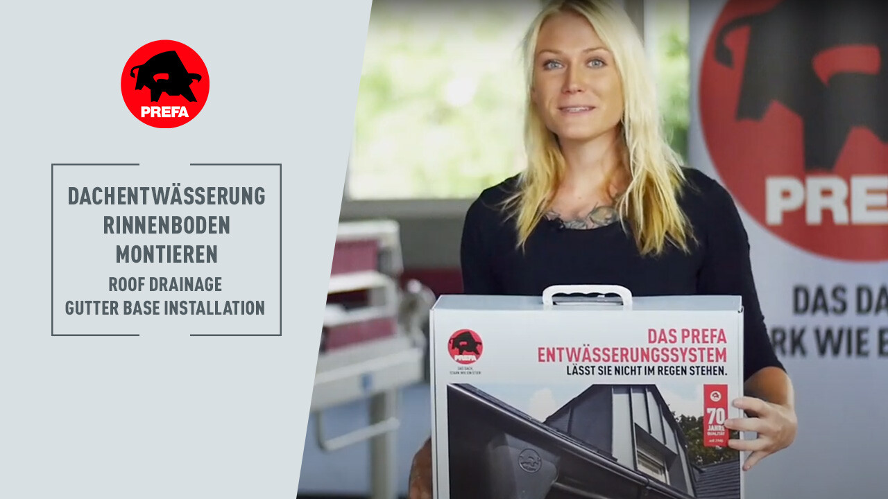 Thumbnail für das Youtube Video vom PREFA Academy Kanal "Rinnenboden montieren"
