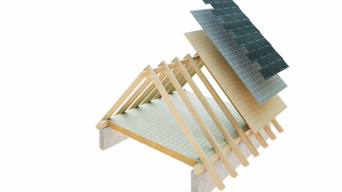 Technische weergave van PREFA van een enkellaagse dakconstructie - de zolder kan niet als woonruimte worden gebruikt, omdat hij fungeert als ventilatieniveau voor het metalen dak; volledig dakbeschot en scheidingslaag zonder latwerk; warm dak