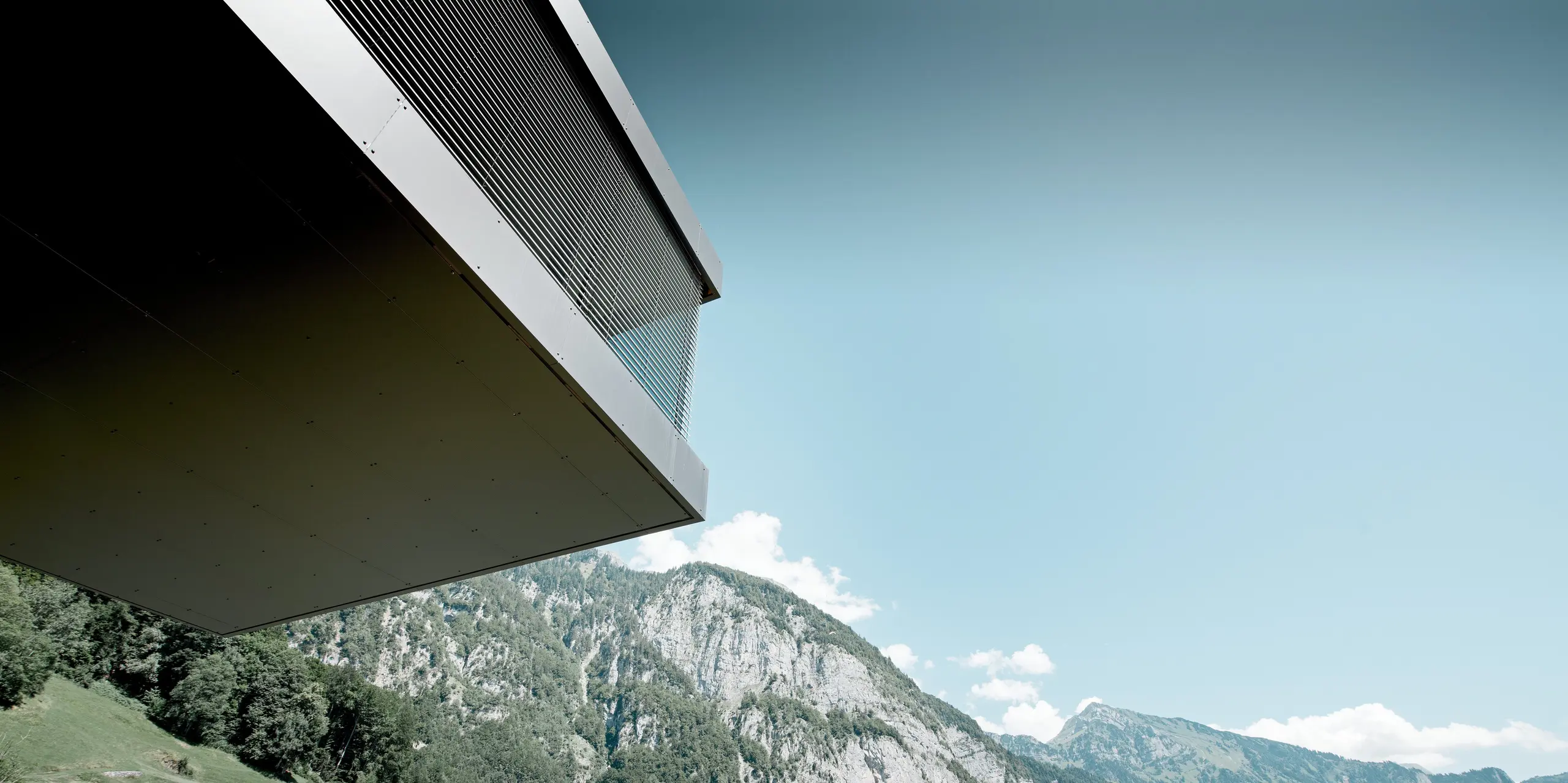 Spektakuläre Auskragung eines modernen Einfamilienhauses in Walenstadtberg mit Fassade aus schwarzgrauen PREFA Aluminium Verbundplatten vor imposanter Schweizer Bergkulisse. Die scharf gezeichneten Kanten und die schwebende Architektur setzen ein starkes Statement. Die langlebige, wartungsarme Aluminiumfassade verbindet höchste Witterungsbeständigkeit mit zeitloser Eleganz und außergewöhnlicher Designfreiheit.