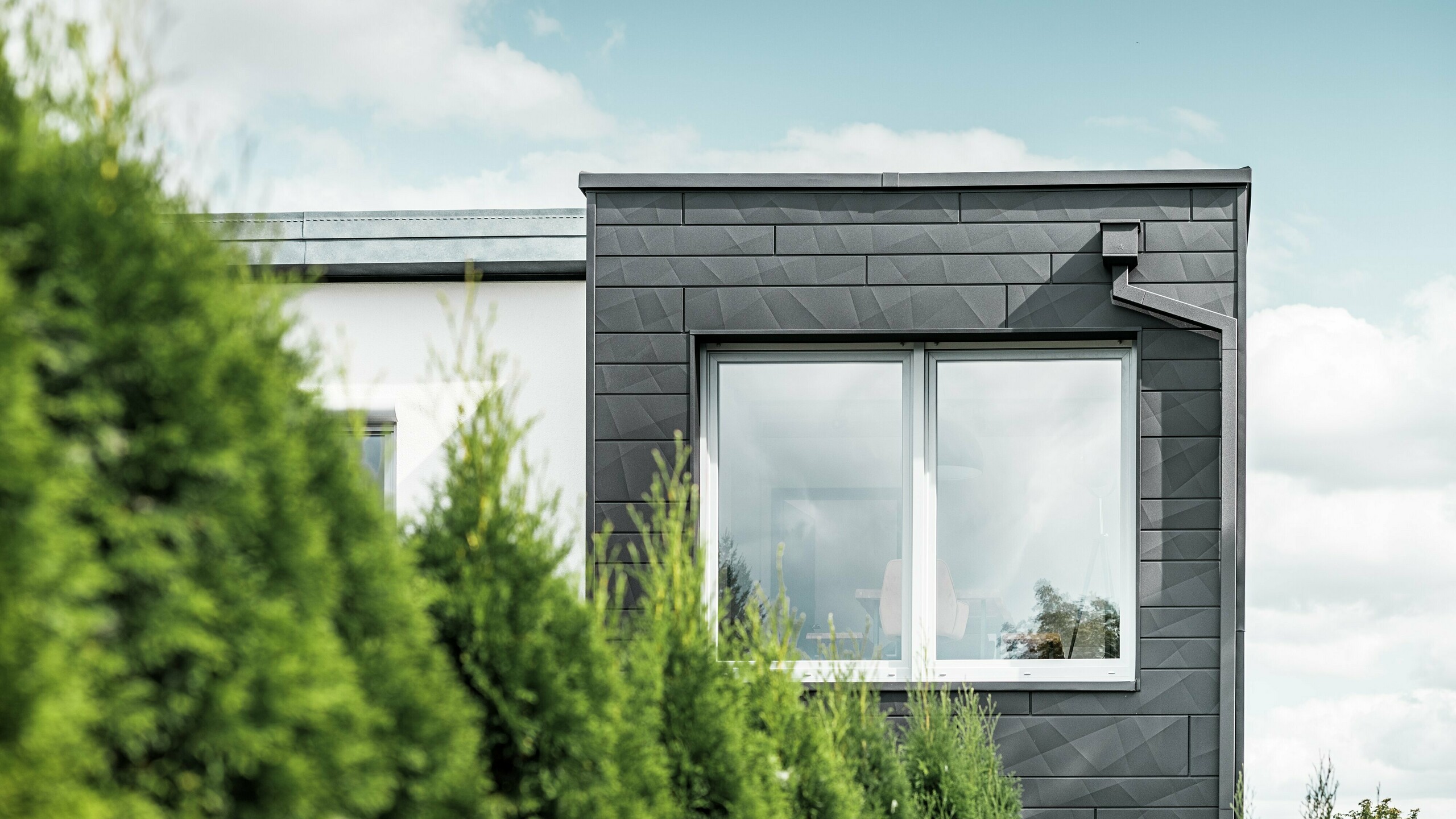Les panneaux de façade Siding.X PREFA, de couleur P.10 noir, à la structure claire, ornent le mur extérieur d'une maison individuelle à Teuschnitz et lui confèrent un aspect unique. Le système d'évacuation des eaux pluviales PREFA, composé d'un tuyau carré et d'une boîte à eau, s'intègre parfaitement au design. Les thuyas verts au premier plan contrastent avec la façade métallique sombre.