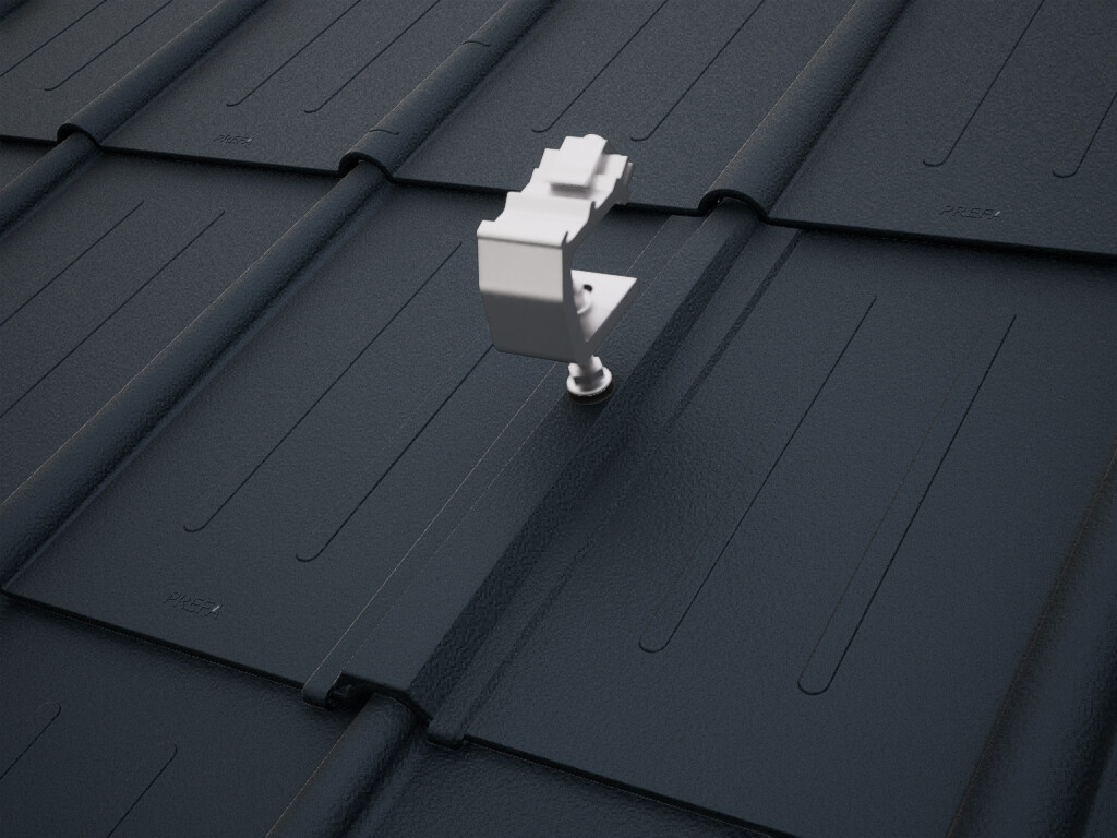 Vue détaillée du support solaire PREVARIO Sunny spécial, monté sur une toiture sombre recouverte de tuiles PREFA.