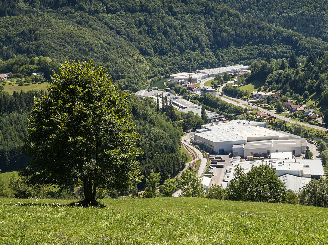 Afbeelding van de PREFA fabriek in Marktl vanaf een heuvel, op de voorgrond staat een boom op een groene weide, op de achtergrond uitgestrekte Lilienfeld bossen