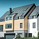 Zeitgemäßer Neubau, bei dem sich die Dachhaut auch über den oberen Teil der Fassade zieht, als Dacheindeckung wurde die Alu-Dachraute in Anthrazit verwendet