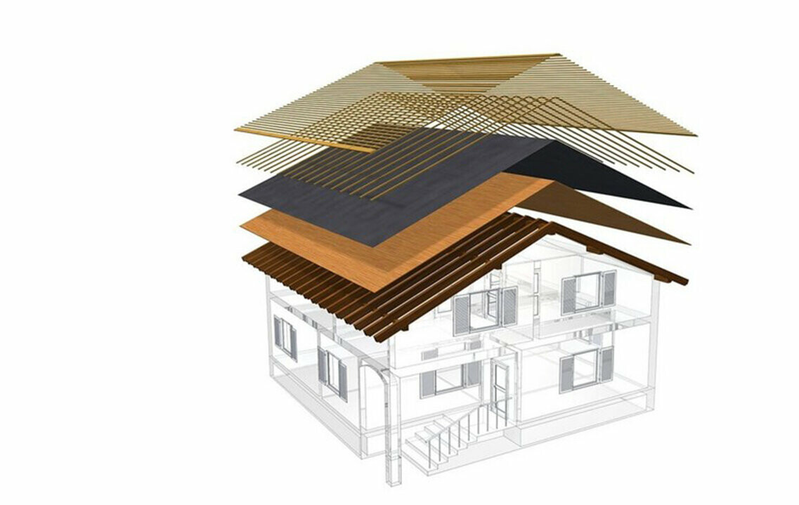 Technische Darstellung eines Dachaufbaus eines Kaltdaches, mehrschaliger Dachaufbau mit Lattung, Vollschalung, Trennlage, Dachstuhl; Dachboden kann als Wohnraum genutzt werden; zweischaliger Dachaufbau, belüftete Dachkonstruktion; Konterlattung