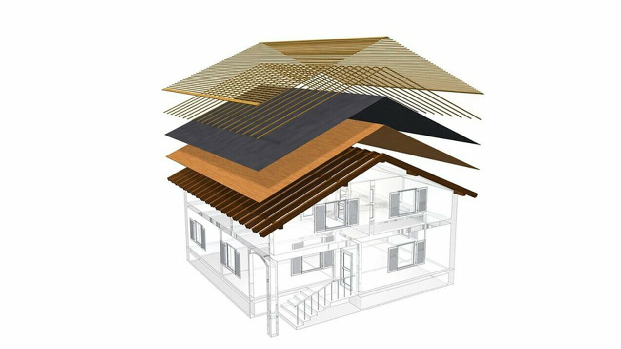 Technische Darstellung eines Dachaufbaus eines Kaltdaches, mehrschaliger Dachaufbau mit Lattung, Vollschalung, Trennlage, Dachstuhl; Dachboden kann als Wohnraum genutzt werden; zweischaliger Dachaufbau, belüftete Dachkonstruktion; Konterlattung