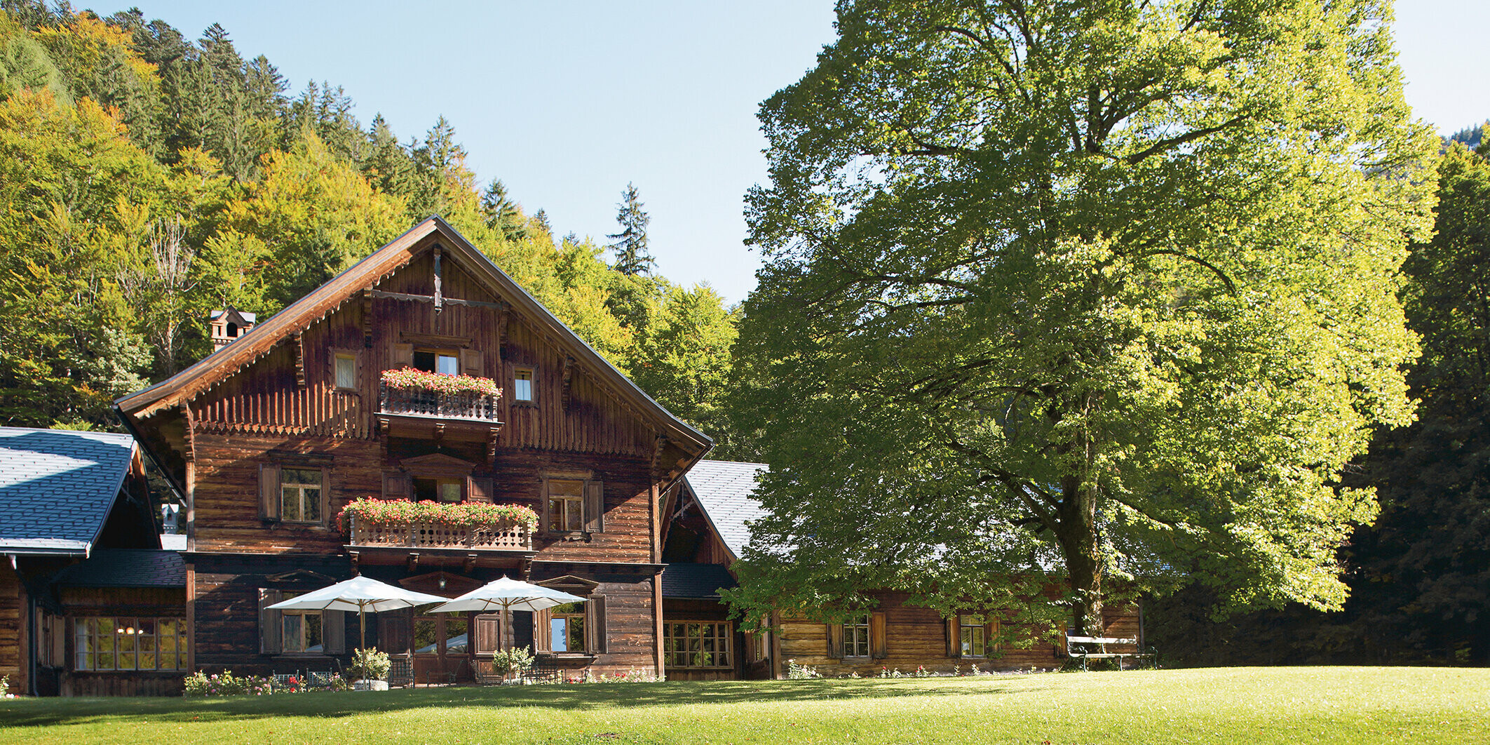 Rothschildhaus in Langau, Forst- und Jagdhütte, mit einem Dach aus PREFA Dachschindeln in Anthrazit, eingebettet in eine malerische Waldlandschaft. Vor dem Holzhaus befindet sich eindrucksvoller Baum.