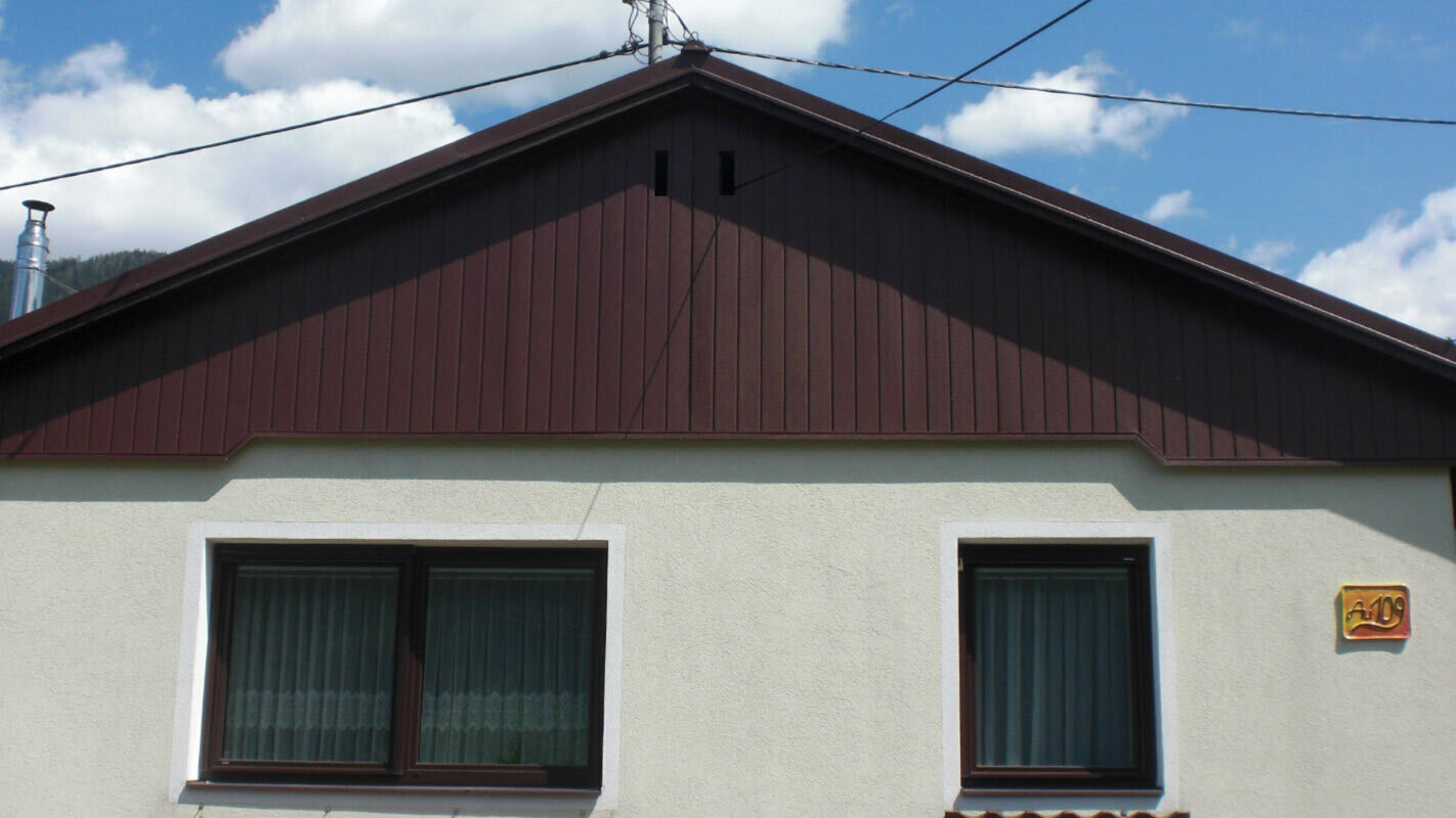 Fassadensanierung des Giebels mit PREFA Sidings in Braun, hellgrüne Fassade