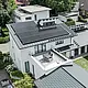 Vogelperspektive auf die herausragende Dachlandschaft eines Einfamilienhauses in Dortmund mit PREFA Dachschindeln DS.19 und PREFALZ in P.10 Anthrazit sowie einer großflächigen PV-Anlage