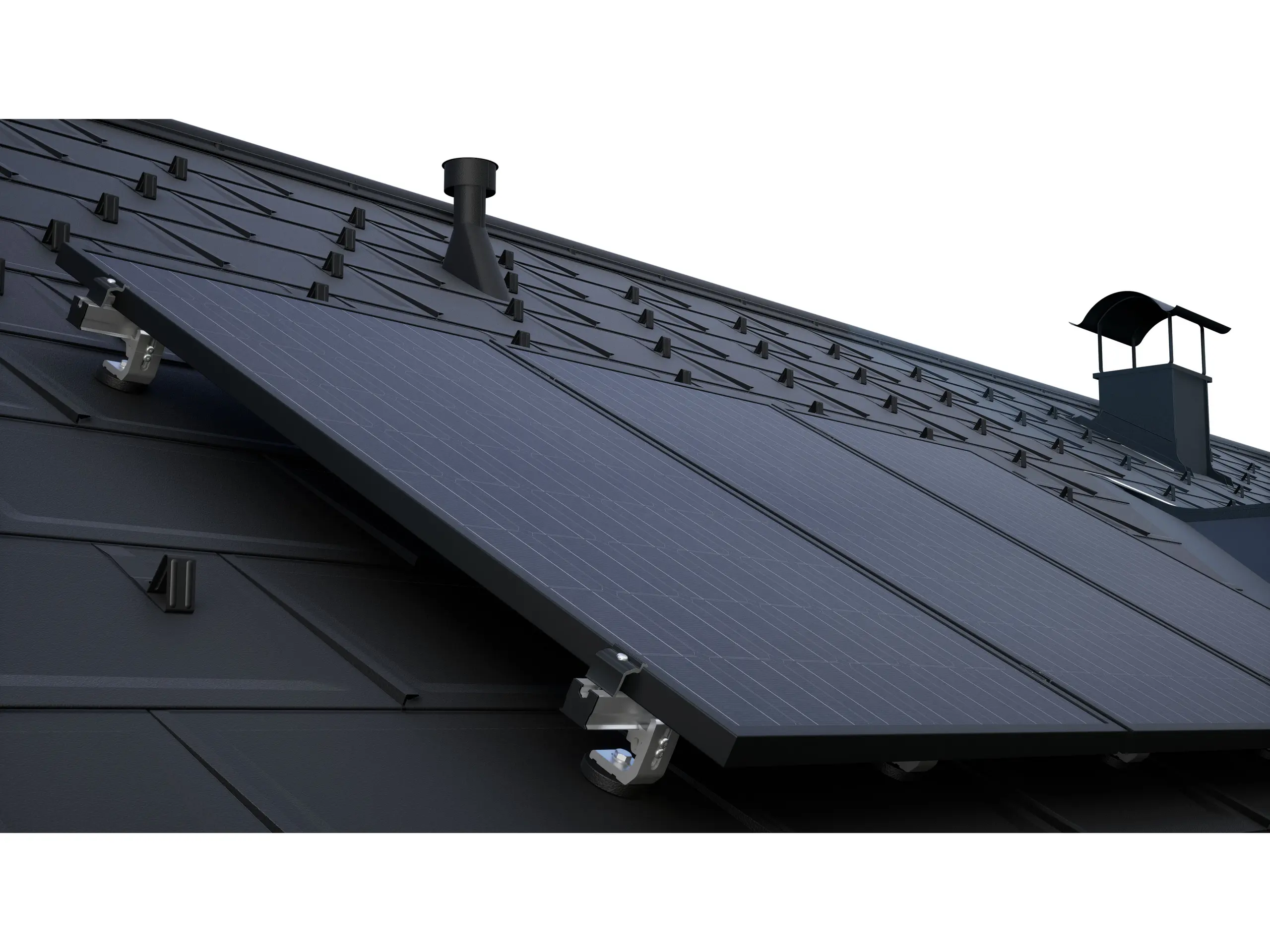 PV-modules gemonteerd met het PREVARIO-montagesysteem voor zonnepanelen op een donker PREFA-dak met dakpan R.16.